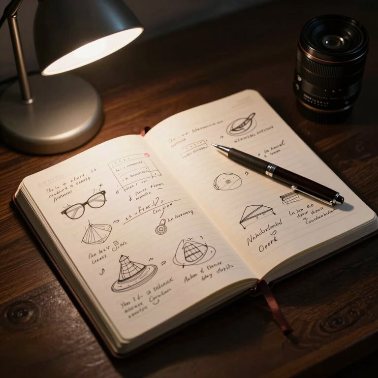 Overhead view of an open notebook with elegant handwritten diagrams, a dark pen resting on the margin, soft side lighting from a desk lamp.