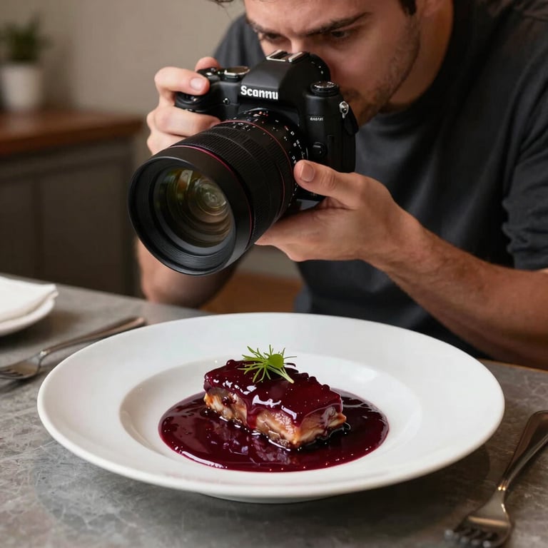 A professional photographer in a cozy kitchen setting, capturing a gourmet dish with Deep Ripe Crimson sauce.