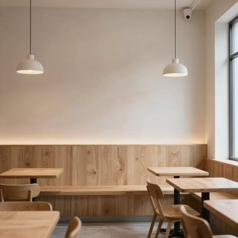 Interior of a minimalist Scandinavian cafe with clean lines and warm, inviting atmosphere.