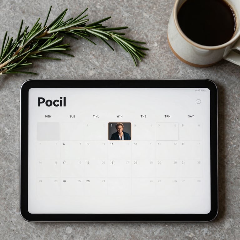 A flat lay of a social media content calendar on a tablet next to a fresh sprig of rosemary and a ceramic cup.
