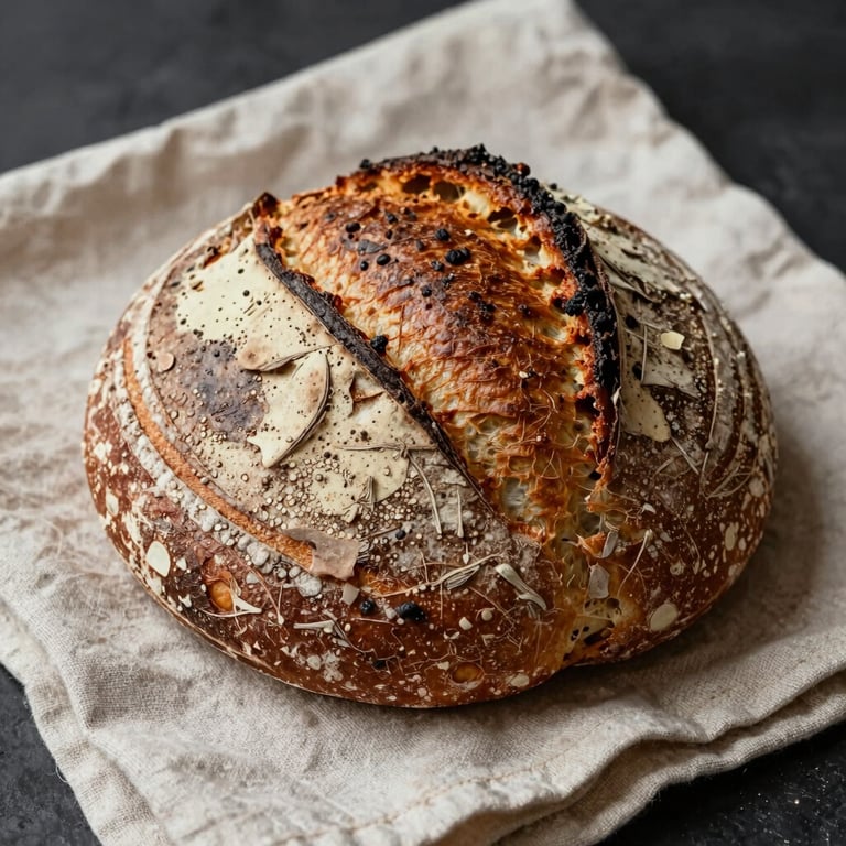 A close-up of a rustic sourdough loaf on a Crisp Parchment linen cloth, high-contrast lighting.