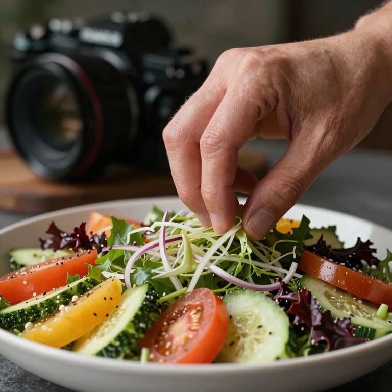 Close-up of a hand carefully arranging a colorful artisanal salad for a marketing photo shoot.