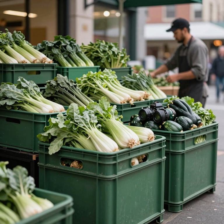 A modern farmer's market stall in a North American city, organized neatly with Matte Forest Green crates of vegetables.