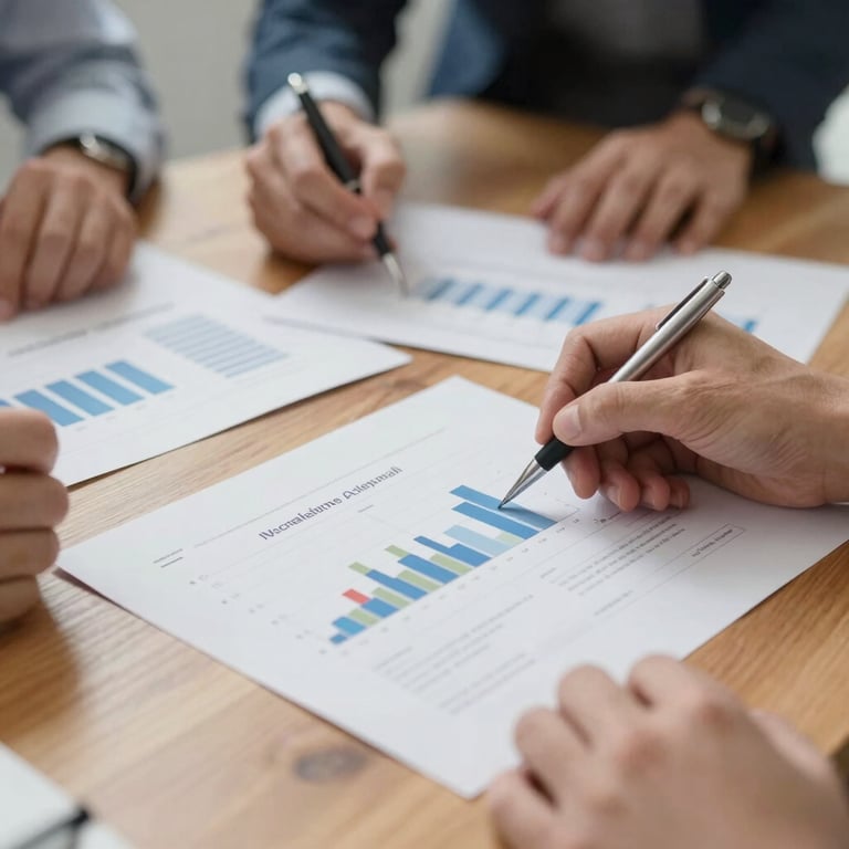A top-down view of a strategy session on a wooden table with paper charts and a silver pen, emphasizing professionalism and insight.