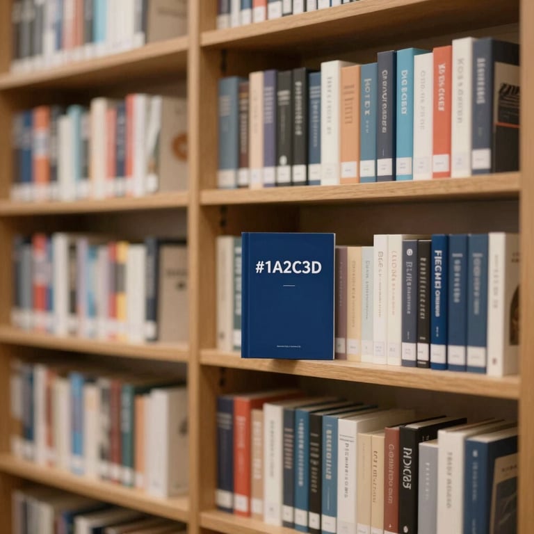 A neatly organized library shelf with books on technology and art, shot with shallow depth of field, using #1A2C3D as a deep accent color.