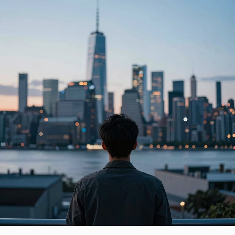 A high-contrast photo of a person looking out at a city skyline at dusk, capturing an engaging and informative mood with #1A2C3D and #F8FAFC.