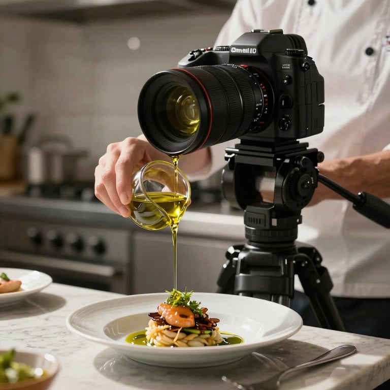 A professional camera on a tripod capturing a chef drizzling olive oil over a dish in a sunlit kitchen.