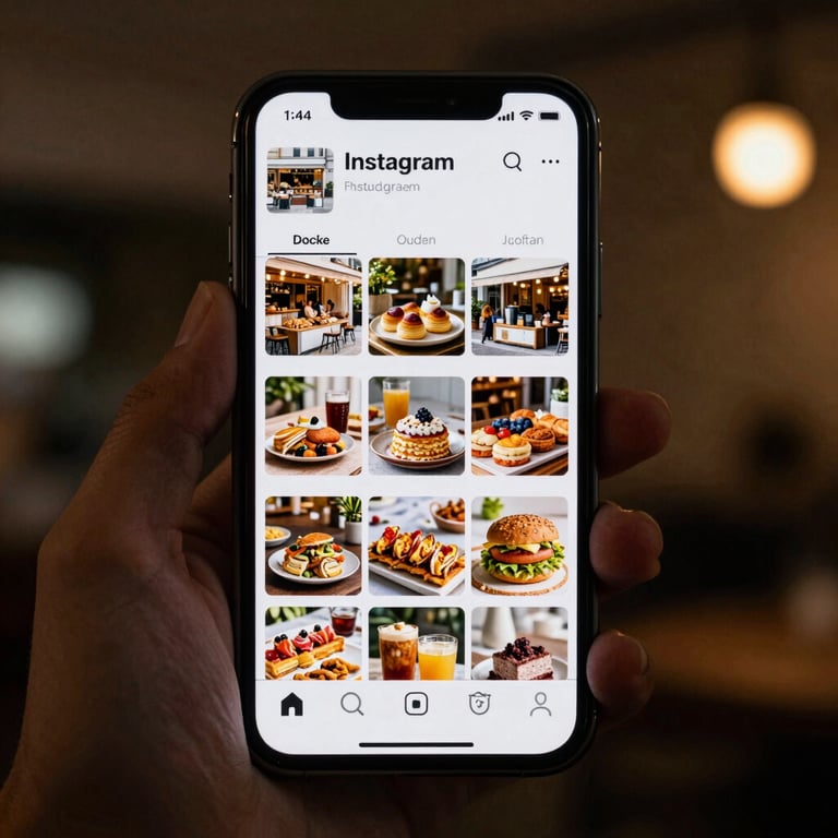 A sleek smartphone displaying a beautifully curated Instagram feed for a modern food market.