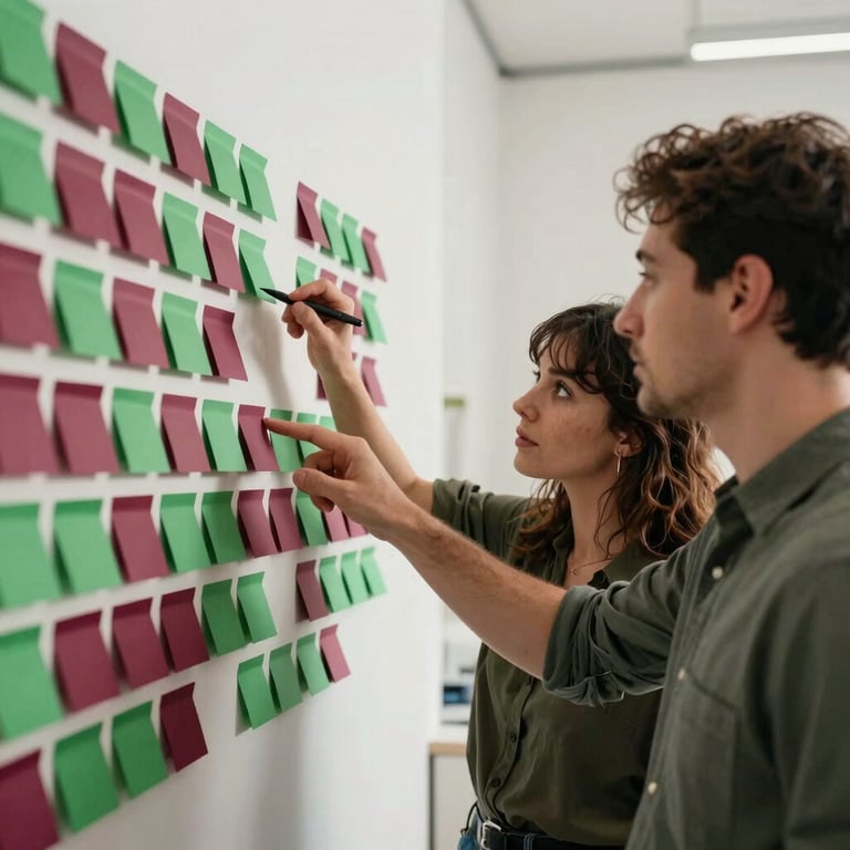 Two people collaborating in a bright studio, looking at a wall of sticky notes in Deep Ripe Crimson and Matte Forest Green.
