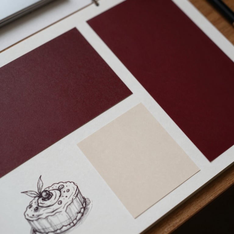 A top-down view of a designer's desk with a mood board featuring Deep Ripe Crimson and Crisp Parchment color swatches and food sketches.