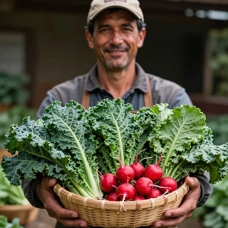 A local farmer holding a basket of fresh, deep green kale and bright red radishes, smiling at the camera.