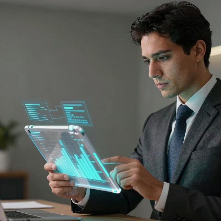 A professional Brazilian executive looking at a transparent digital tablet with glowing cyan data charts.
