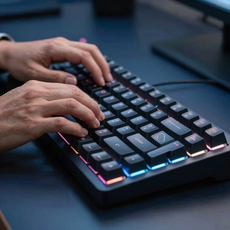 Close-up of human hands typing on a high-end backlit mechanical keyboard in a dark blue professional office.