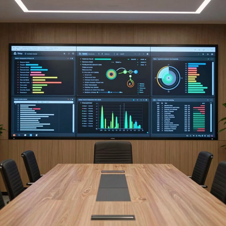 A meeting room in a Brazilian tech hub with digital screens showing complex automation flows and AI models.