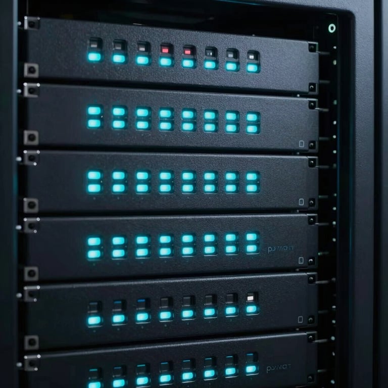 A close-up of a high-tech data center with electric cyan status lights in a dark room, symbolizing cloud power.