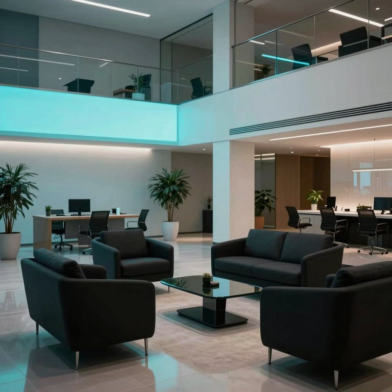 An ultra-modern lobby of a tech company in Brazil with deep black furniture and soft cyan ambient lighting.