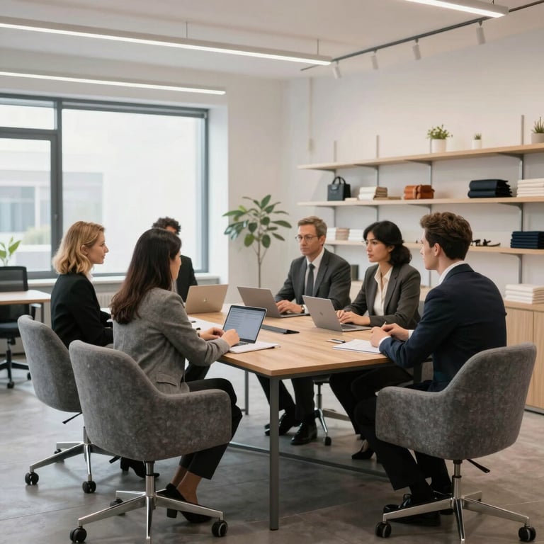 A professional meeting in a bright UK retail office, featuring slate grey furniture and a clean aesthetic.