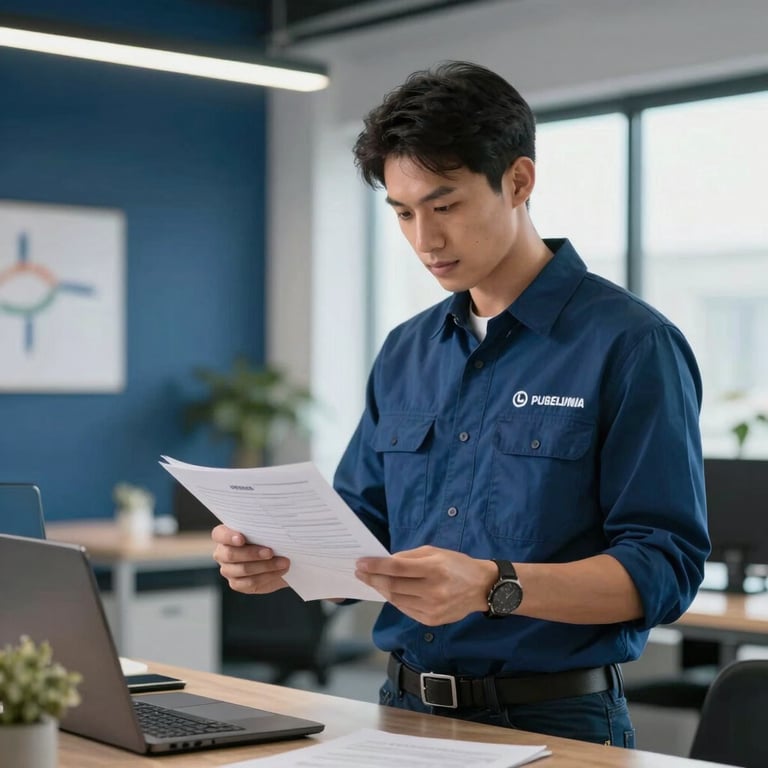 A logistics specialist reviewing shipping documents in a modern, bright office with navy blue accents.