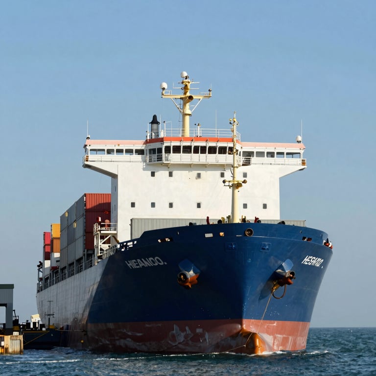 A large cargo ship at a busy port under a clear blue sky, symbolizing global shipping efficiency.