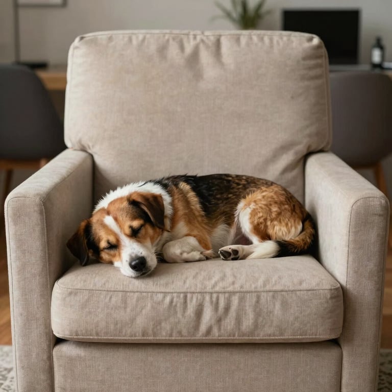 A small dog sleeping peacefully on a spotless, soft beige fabric armchair in a modern Brazilian apartment.