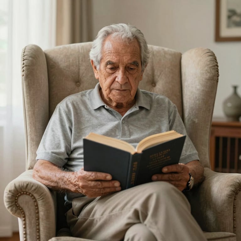 A South American elderly man reading a book comfortably in a clean, high-backed wing chair in a sunny room.