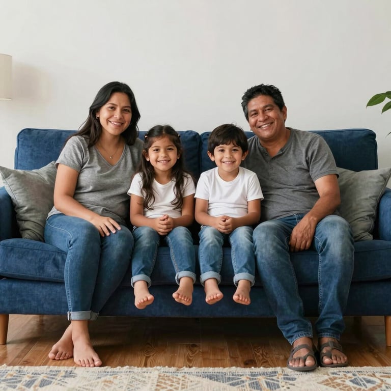 A happy South American family sitting together on a clean, large navy blue sofa, enjoying a tidy living room environment.