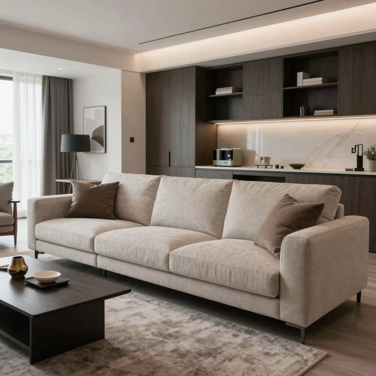 A beautiful, modern living room with a long sectional sofa that looks brand new, fragrant and impeccably organized.