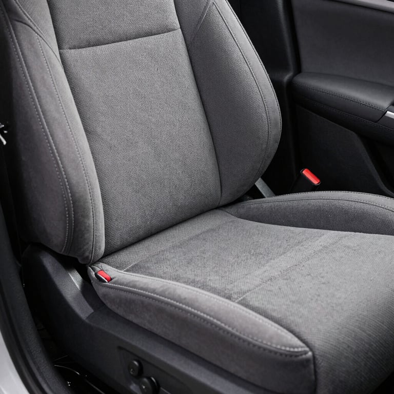 A close-up of a perfectly cleaned car seat with gray upholstery, looking fresh and vacuumed, in a professional lighting setting.