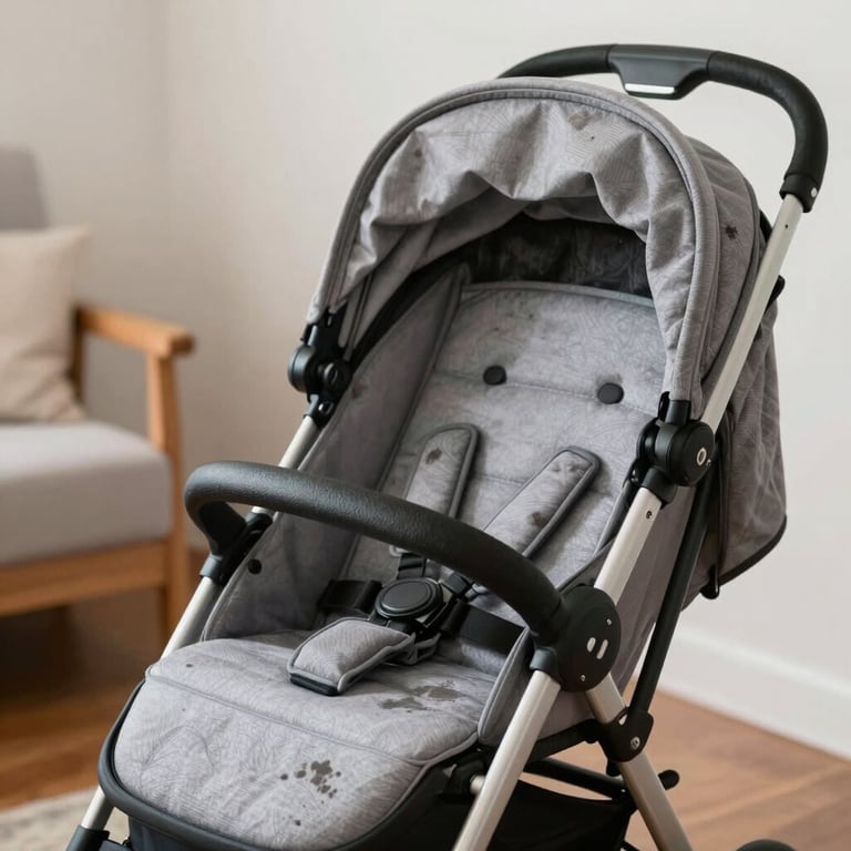 A bright child's room in Brazil with a clean, stain-free baby stroller and fresh upholstery, conveying safety and hygiene.