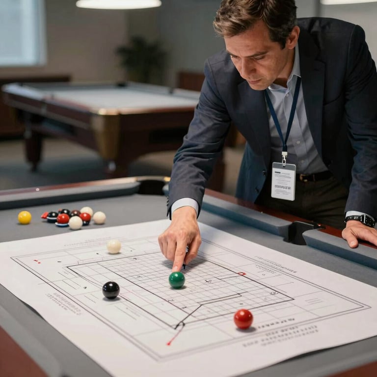 An educational workshop setting with a mentor pointing at a strategic layout on a pool table to teach discipline.