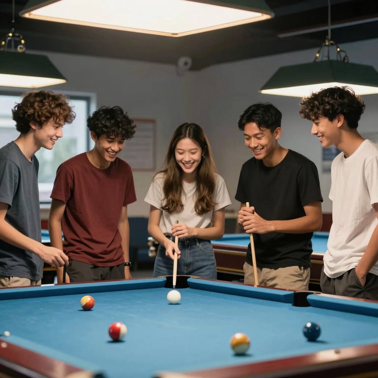 A group of diverse youth participants laughing and sharing a moment during a structured billiards tournament in a well-lit hall.