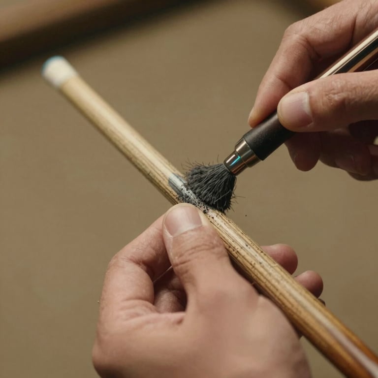 Detailed macro shot of hands chalking a professional cue stick, with warm bronze lighting creating a mood of preparation.
