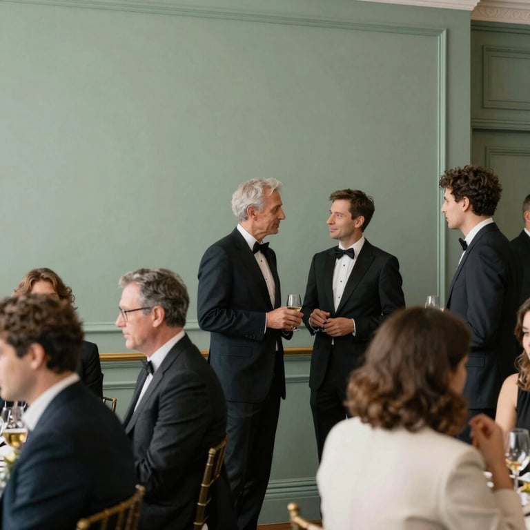 A charitable fundraising gala scene with guests networking in a sophisticated venue with muted sage green decor.