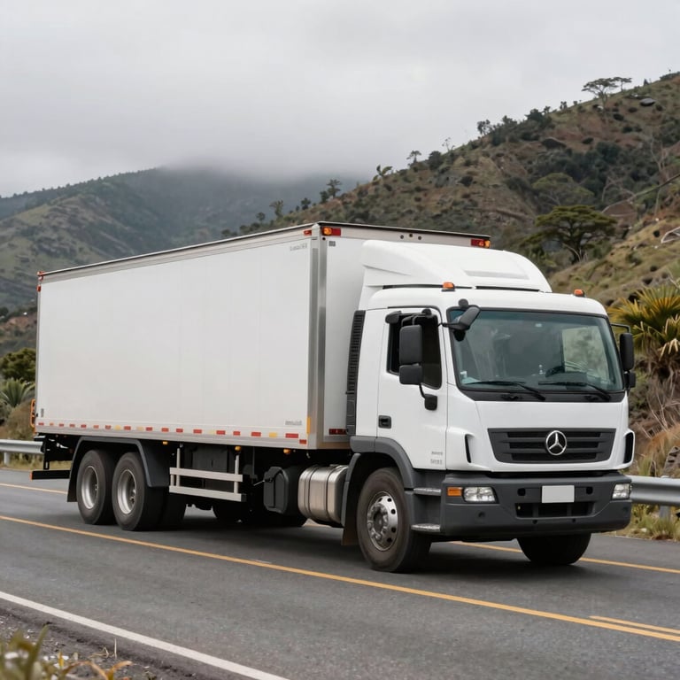 Action shot of a specialized vehicle providing roadside assistance to a commercial truck on a scenic South American highway.