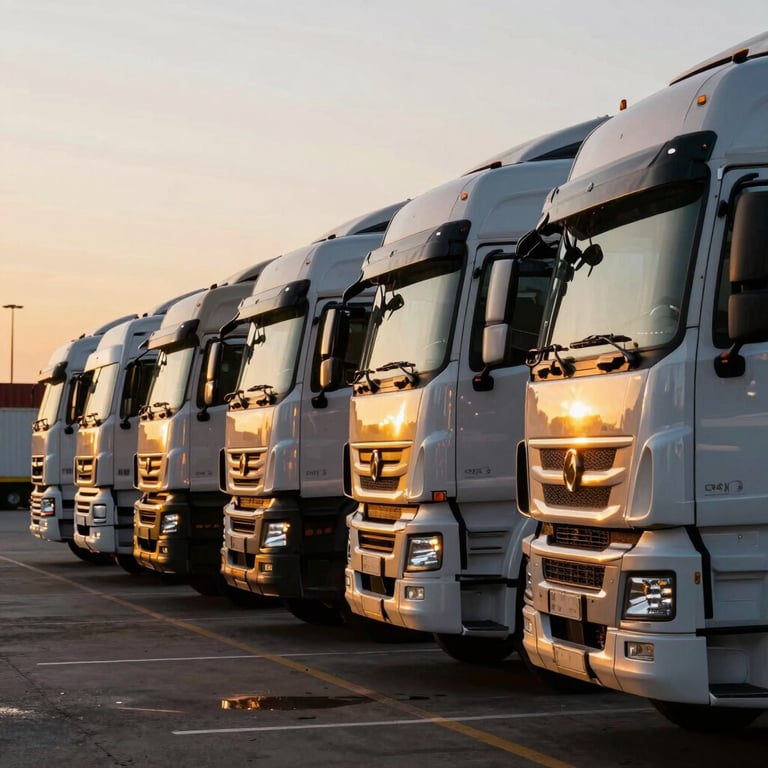 A line of modern freight trucks parked at a bright South American logistics hub during sunset, golden light reflecting on polished surfaces.