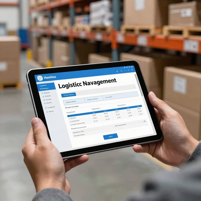 A digital tablet displaying logistics management software being used in a clean, organized warehouse environment.
