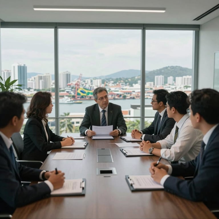 A professional team meeting in a modern office with glass walls, discussing logistics strategy with a view of a Brazilian port city.