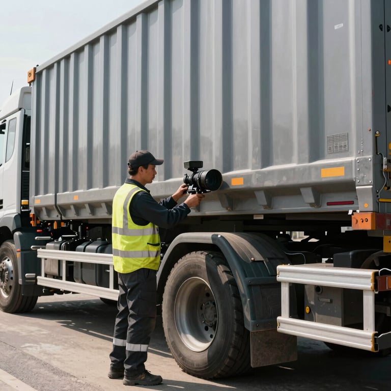 Technical inspection of a heavy transport trailer by a technician in high-visibility professional gear under clear daylight.