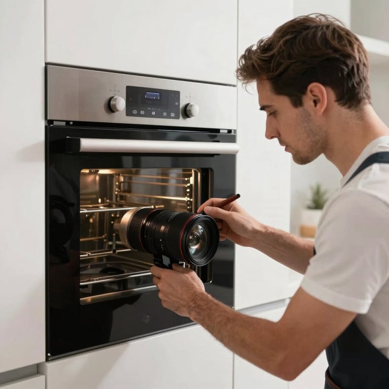 A modern kitchen with a high-end built-in oven being serviced by a skilled professional.