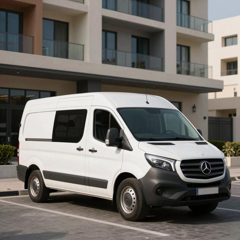 A clean white service van parked in front of a modern residential building in Dubai Silicon Oasis.