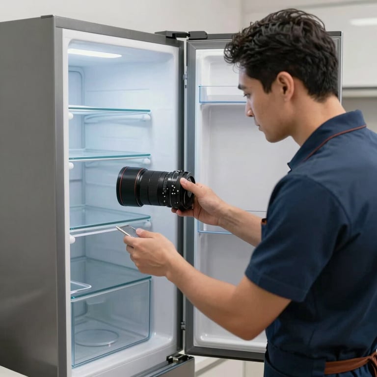A silver refrigerator with its doors open being inspected by a pro in a clean kitchen setting.