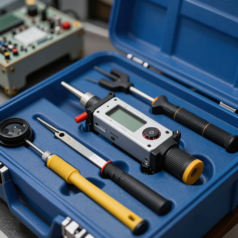 Professional repair equipment and electronic testing tools neatly organized in a blue toolbox.