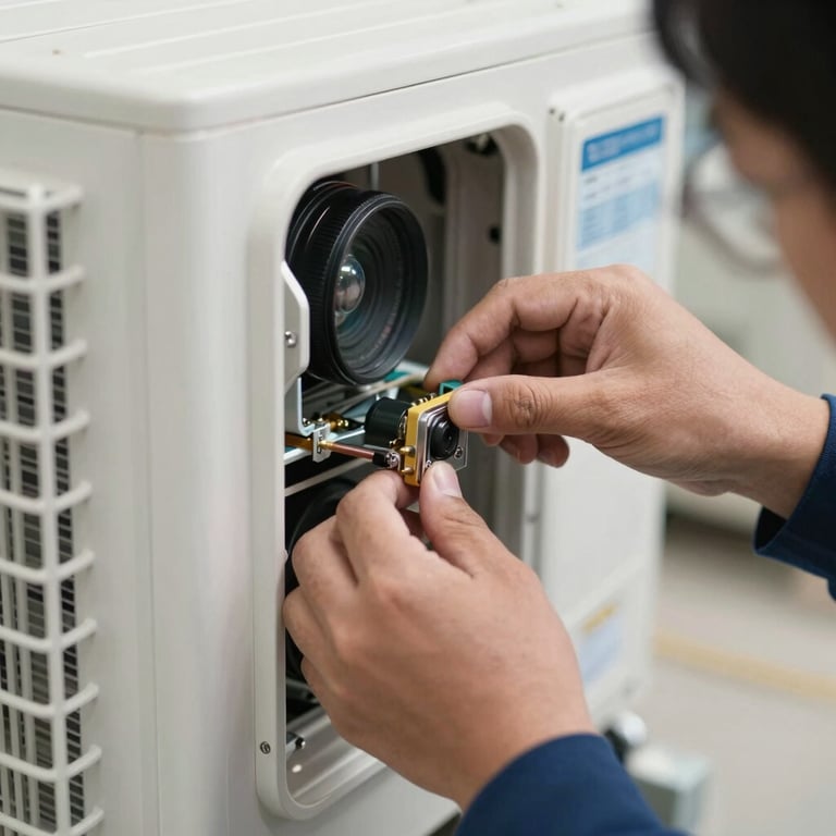 Close-up of a technician's hands adjusting components of a large air conditioning unit.
