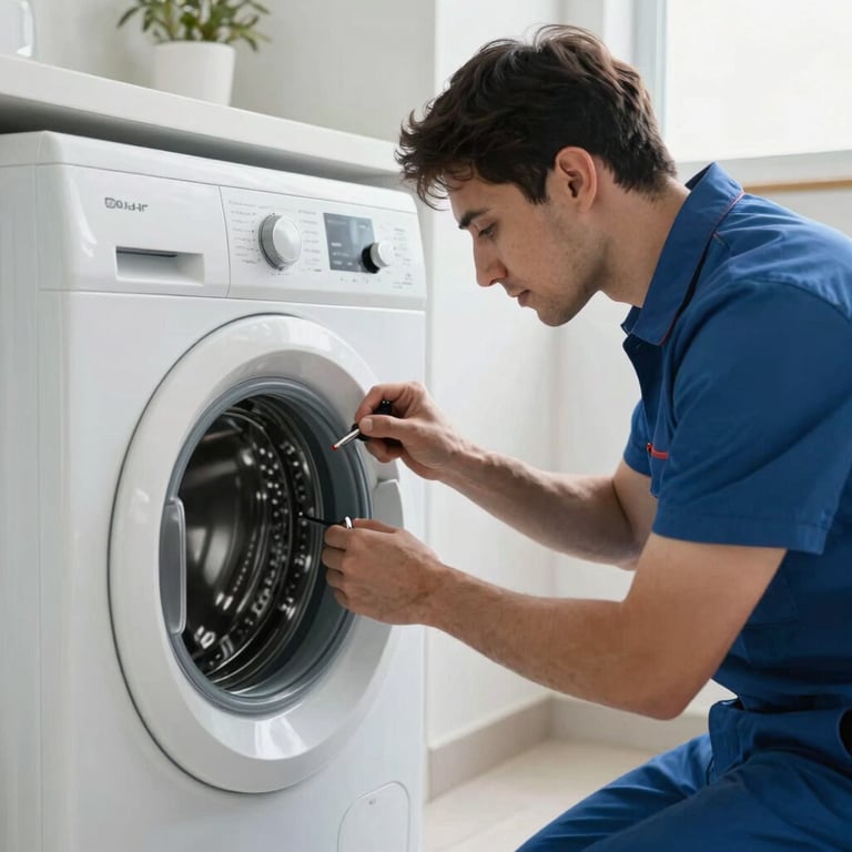 A technician fixing a front-load washing machine in a modern Dubai utility room with bright lighting.