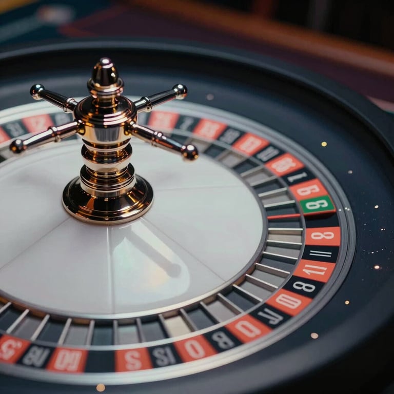 Close up of roulette wheel in a premium casino setting, elegant dark navy and light gray tones, cinematic lighting, photorealistic.