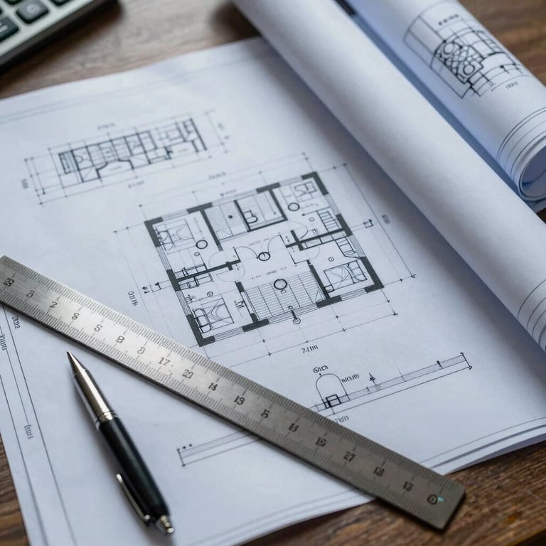 Top-down structured desk layout with technical project blueprints, steel ruler, and architectural drawings under cool diffused light.