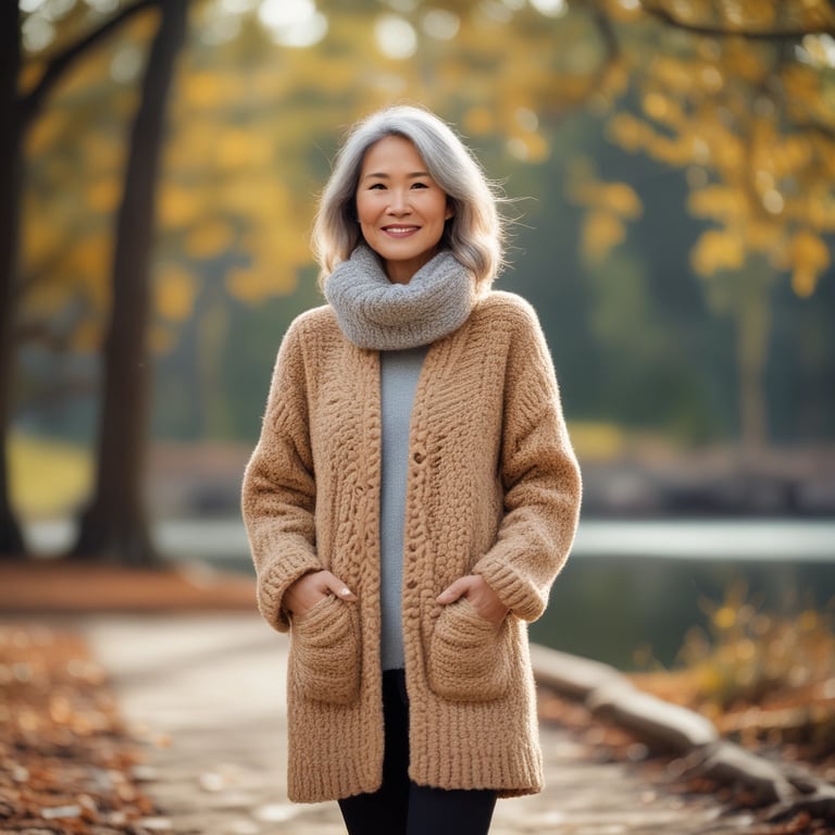 A woman wrapped in a chunky knit sweater, smiling while enjoying a crisp autumn day.