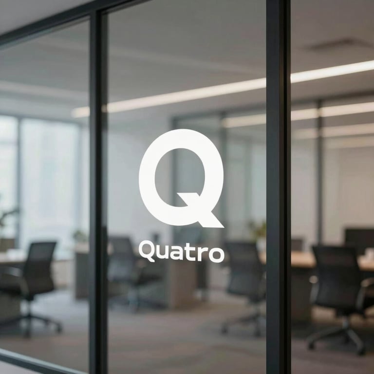The Quattro logo subtly integrated into a professional glass partition in a high-end office setting.