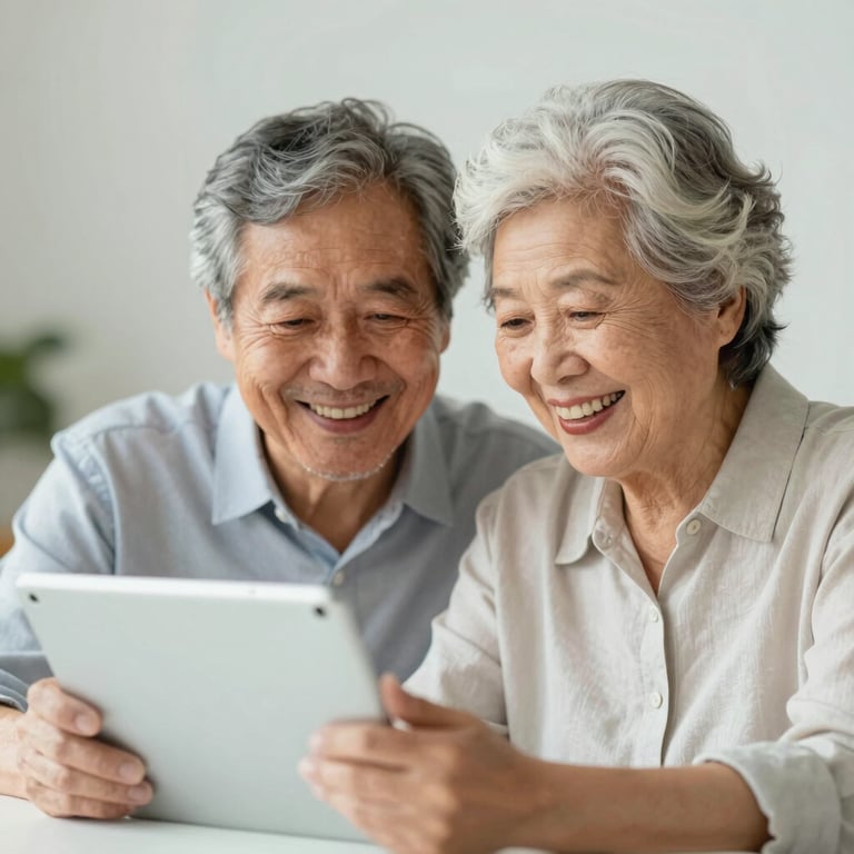 A senior couple smiling happily while looking at a tablet, representing financial freedom and peace of mind.