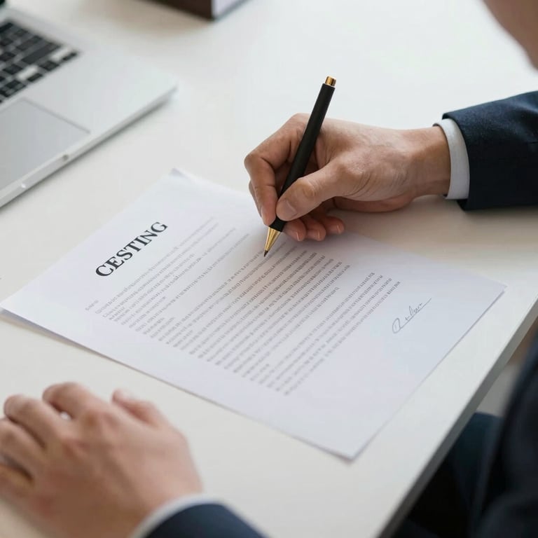 Close-up of hands signing a document on a clean, modern desk, symbolizing a secure and transparent agreement.
